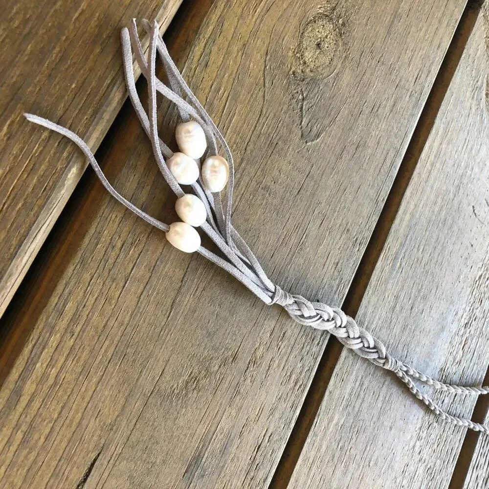 NEW Grey Braided Leather and Pearl Lariat Necklace